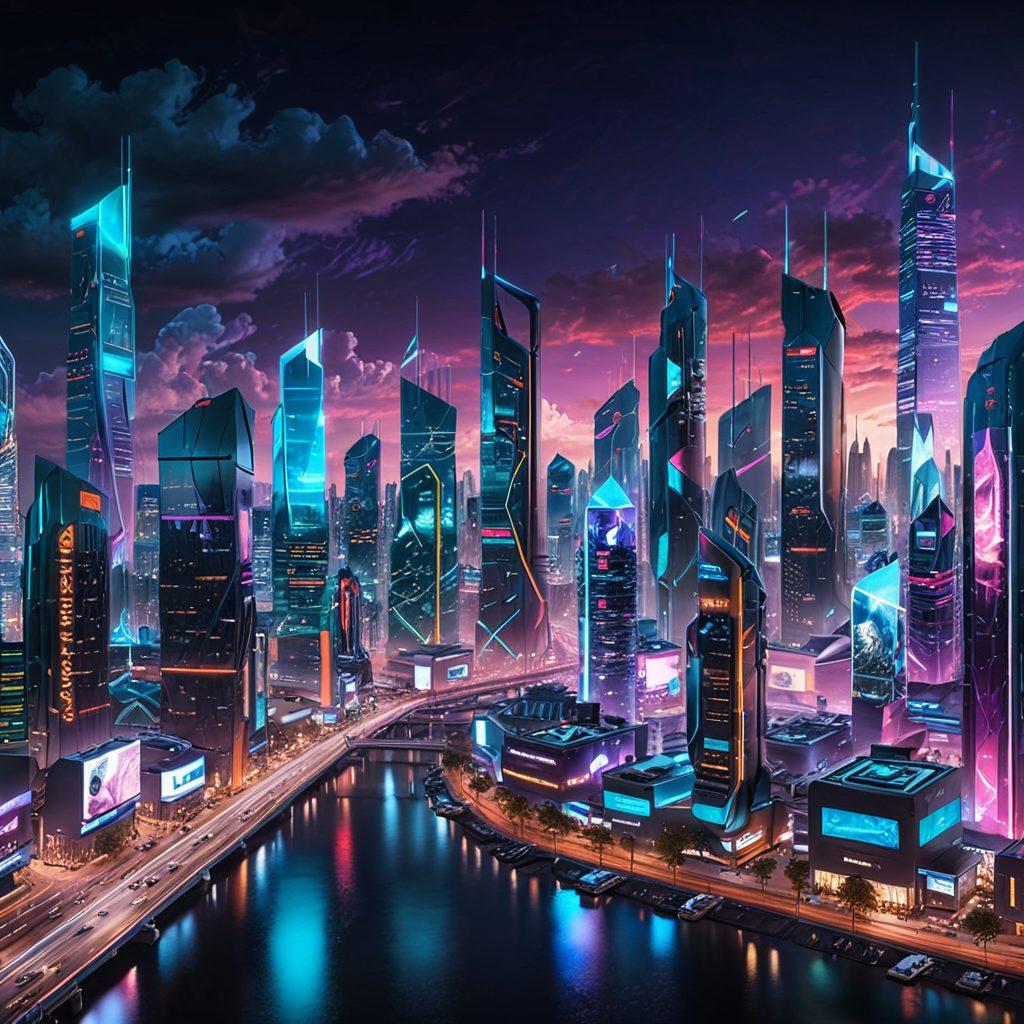 A futuristic city skyline with bright screens displaying various video content and user-generated platforms. Prominent figures representing diverse content creators are engaging with viewers, surrounded by digital cameras and drones capturing moments. Incorporate elements of virtual reality and interactive media, emphasizing connectivity and creativity. The scene is vibrant and dynamic, portraying a sense of excitement and innovation. cyberpunk. vibrant colors. 3D.