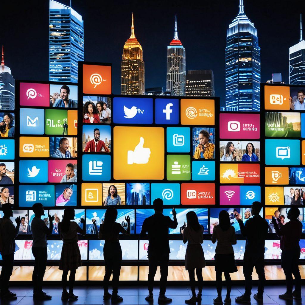 A dynamic scene featuring a diverse group of people engaging with interactive video screens, showcasing vibrant animations and eye-catching graphics. Include social media symbols like thumbs up and shares, radiating excitement. In the background, a city skyline suggests the impact of media on modern life. Bright colors and fast-paced visuals to signify virality and engagement. 3D. vibrant colors.
